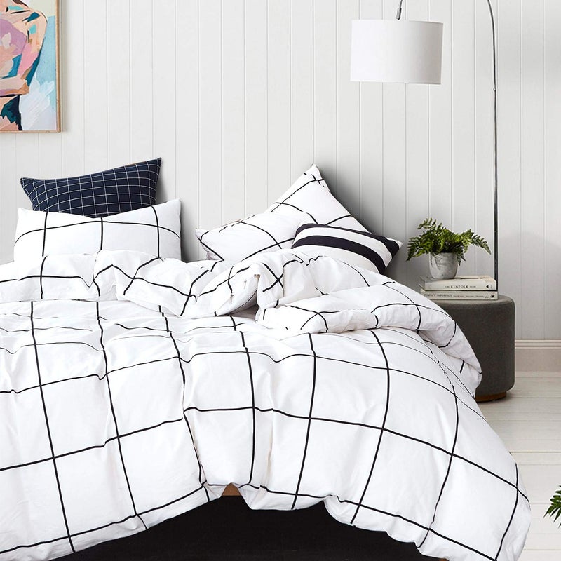 KAREVER White Grid Comforter Twin Plaid Bedding Set Stripes Boys Checkered Comforters Bedding Set Girls White Grid Comforter Set Twin - Image 3